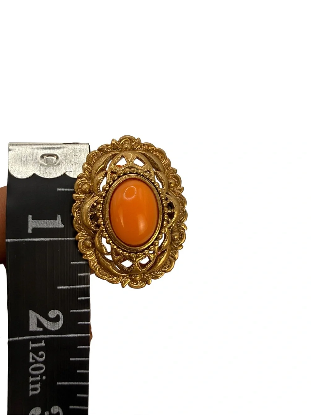 Vintage Juicy Couture Filigree Gold Tone Ring with Coral Cabochon Statement Ring